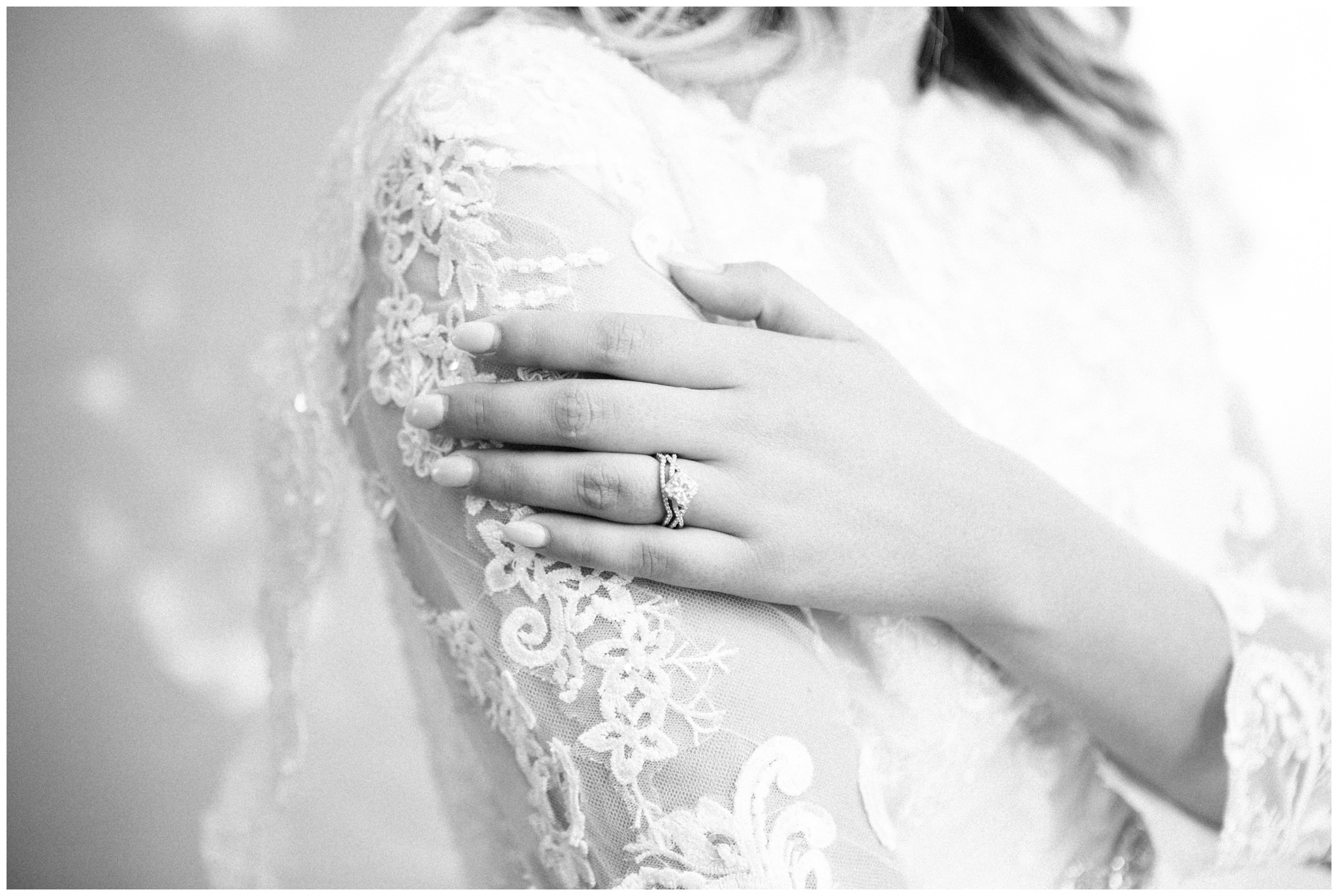 Wedding Ring detail shot on Wedding Dress