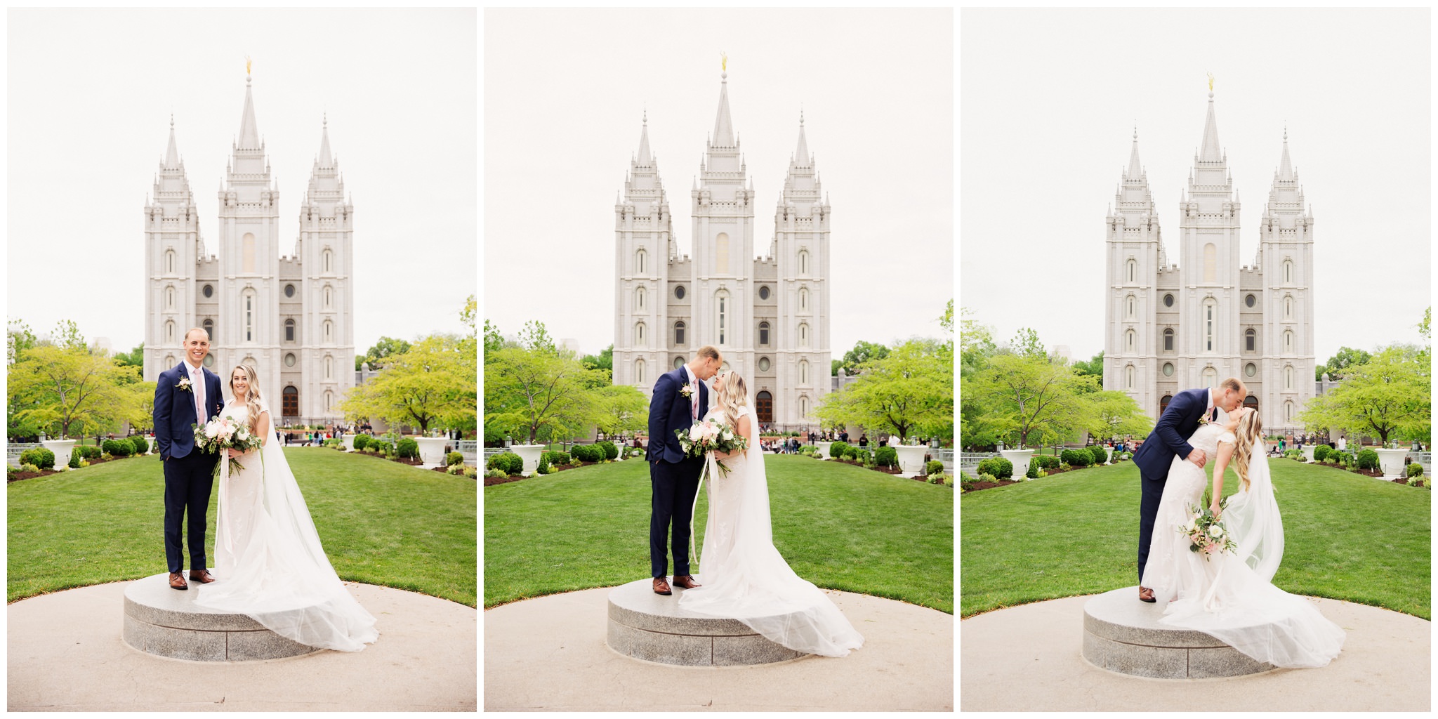 Salt Lake City temple wedding with bride and groom kissing