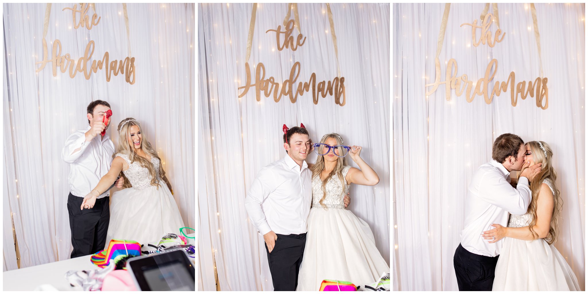 Photo booth pictures of bride and groom one above entertainment