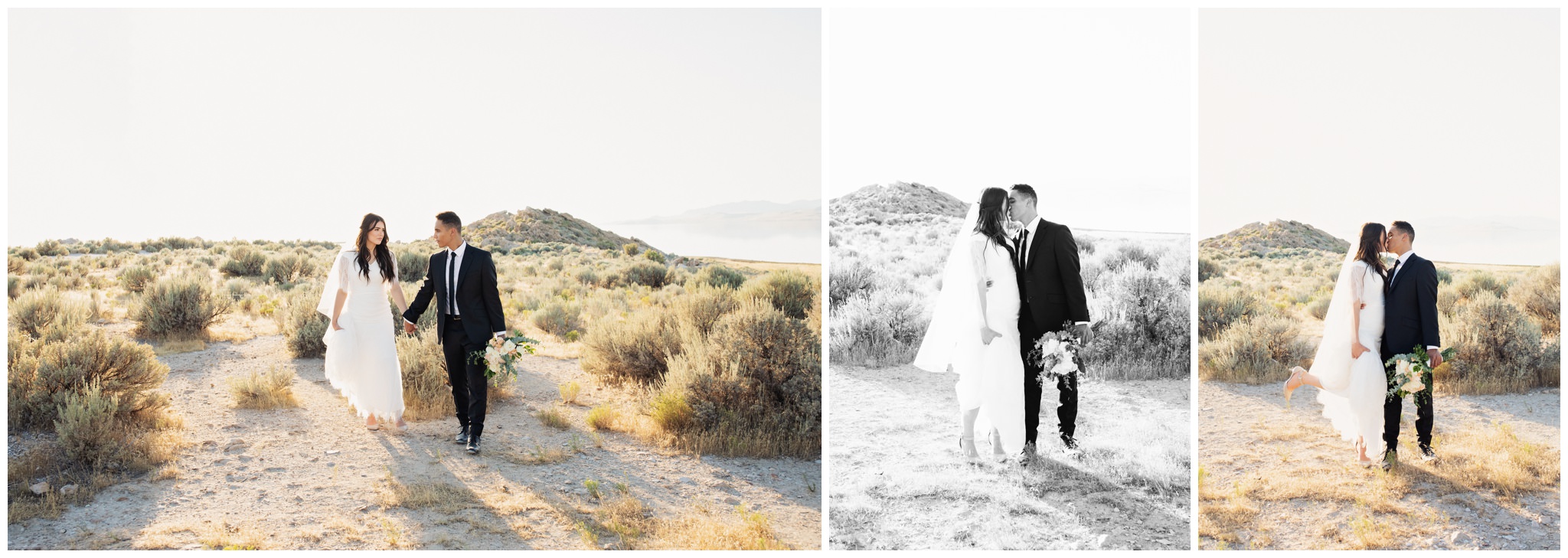 Heel pop kiss. Bride and groom kissing on their wedding day. Bride and groom portraits. Creative poses at Antelope Island