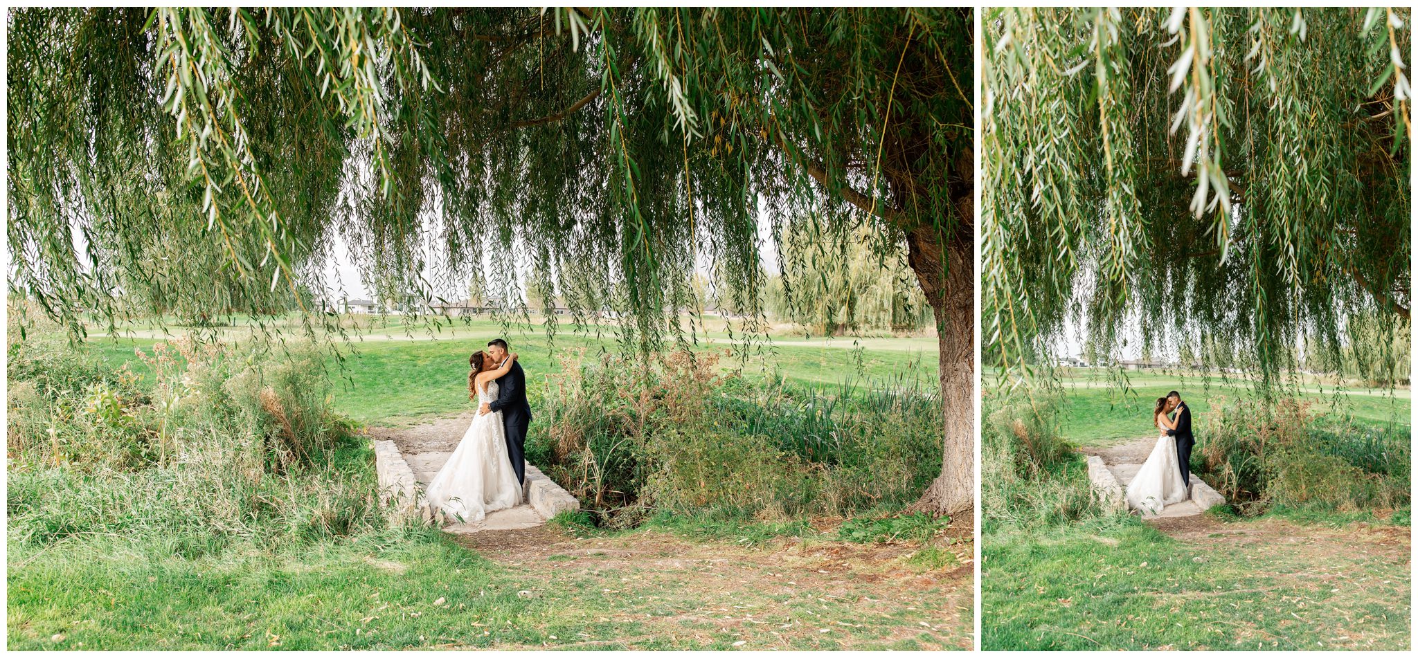 Bride and Groom pictures near willow tree at Sleepy Ridge wedding venue