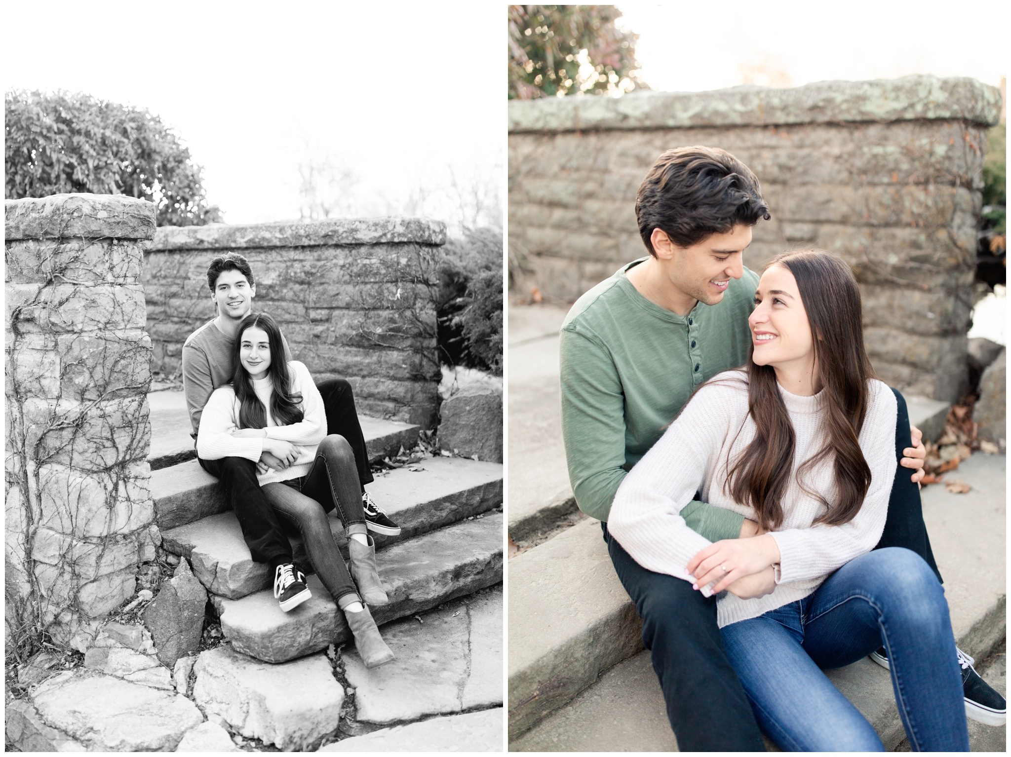 Engagement photos on step at the Boise Train Depot