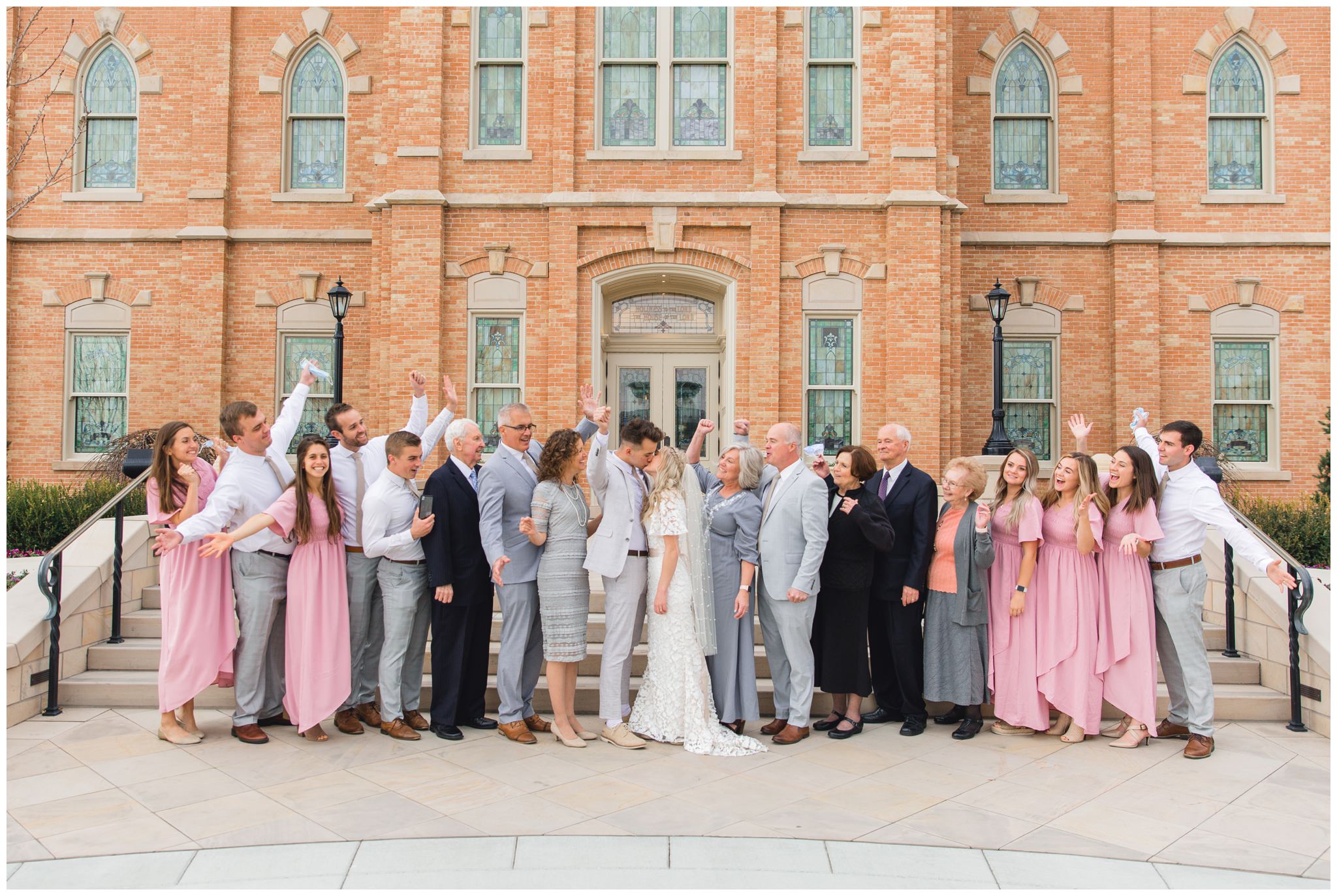 Wedding group picture in front of the Provo City Center Temple