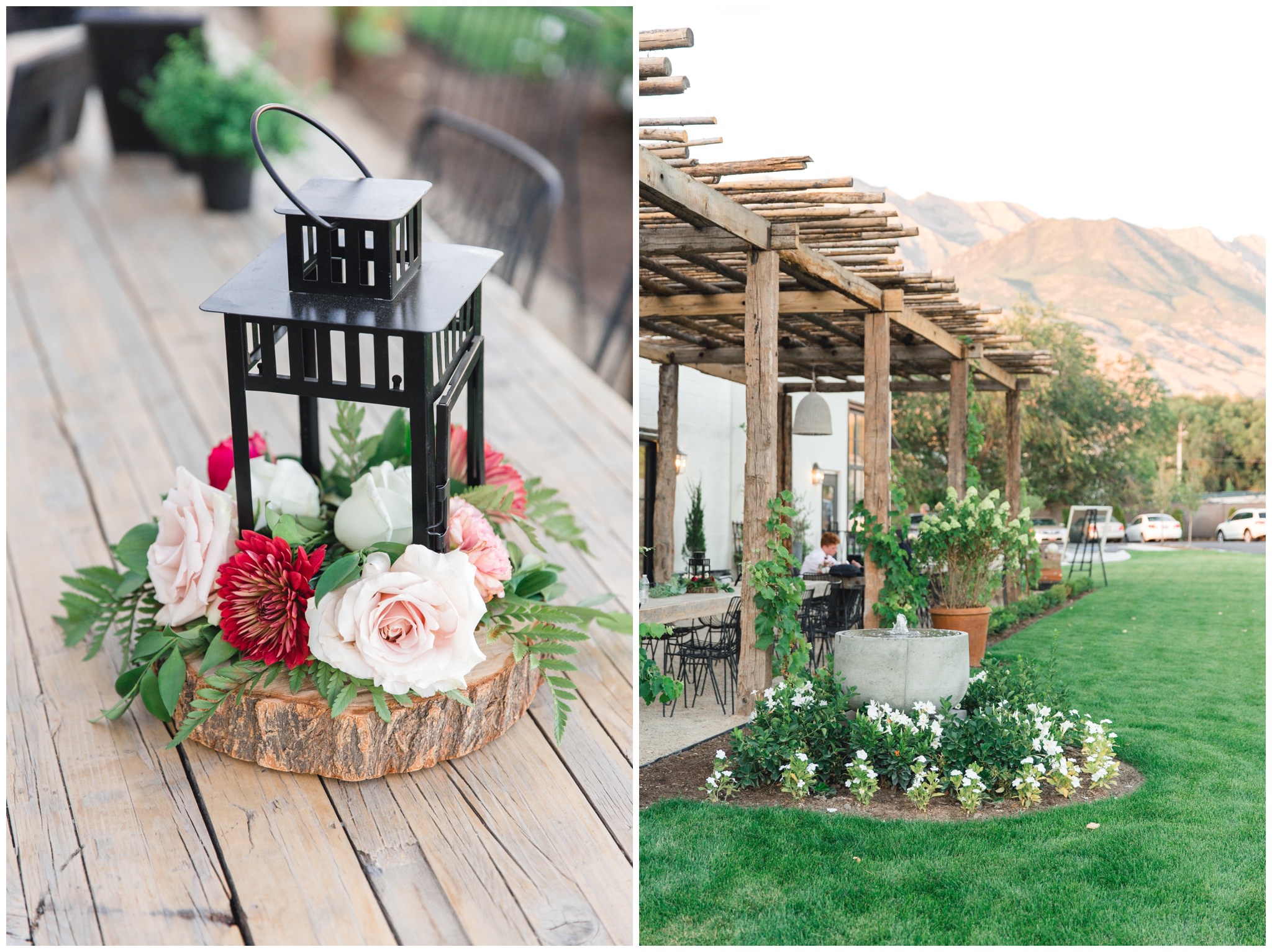 Wedding details of burgundy and deep red floral arrangements at wedding in Utah