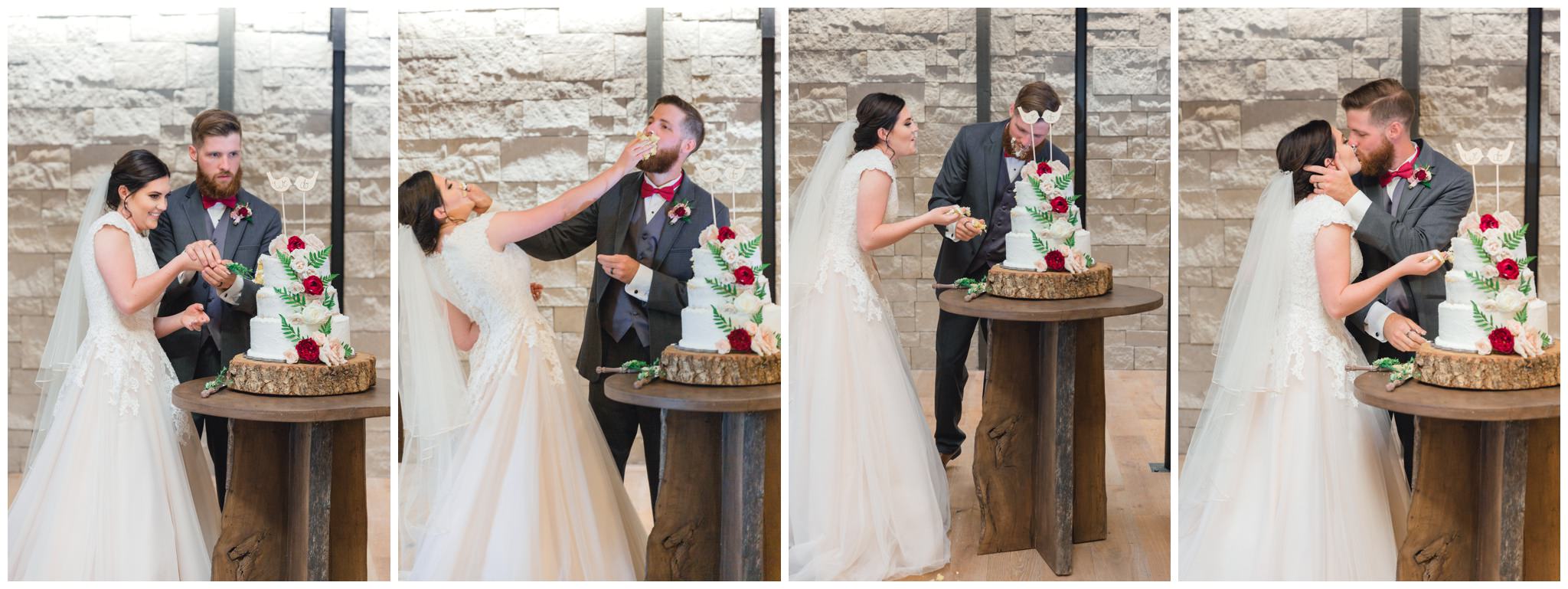Bride and groom cutting the cake, smashing it into each others faces and then kissing