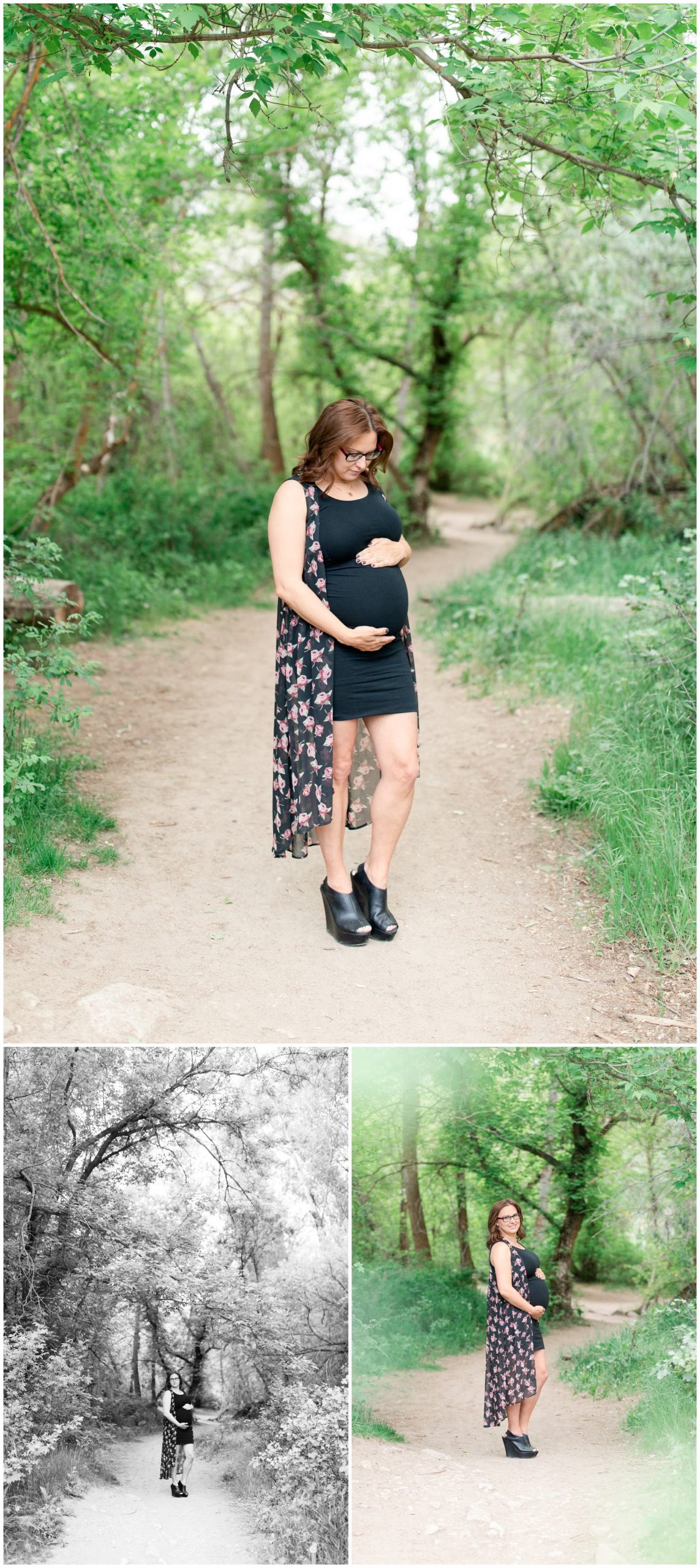 Maternity Pictures taken in Boise Idaho near the Foothills by the Military reserve. Woman wearing a black maternity dress.