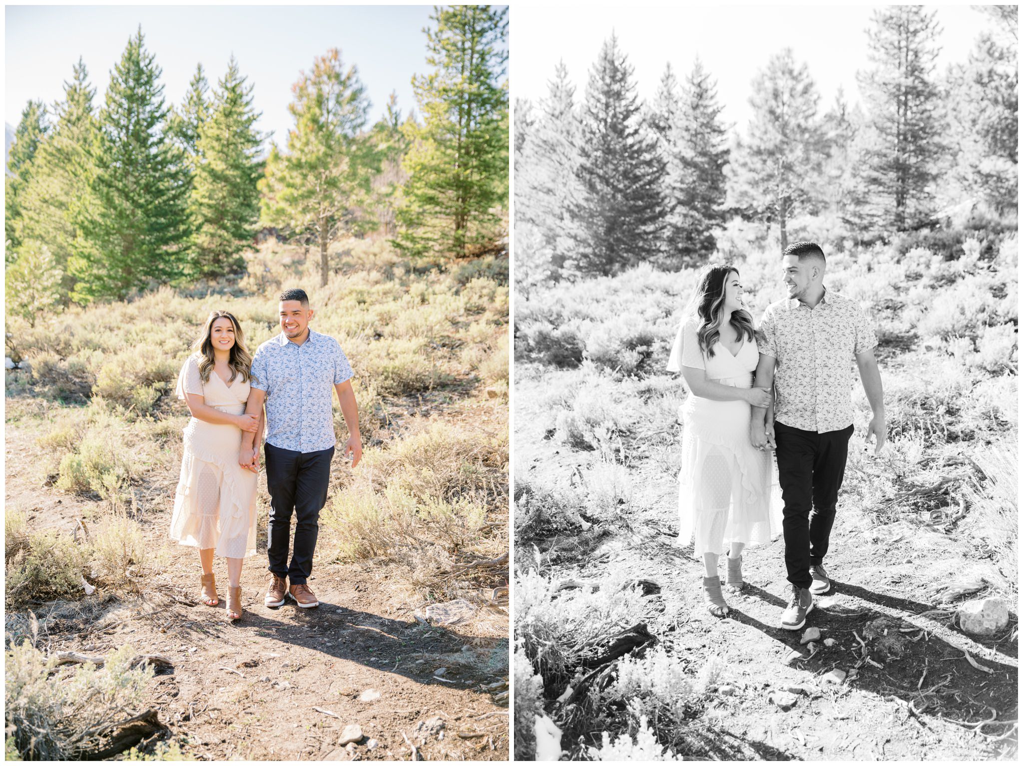 Couple walking towards the photographer during their spring engagement session at tibble fork