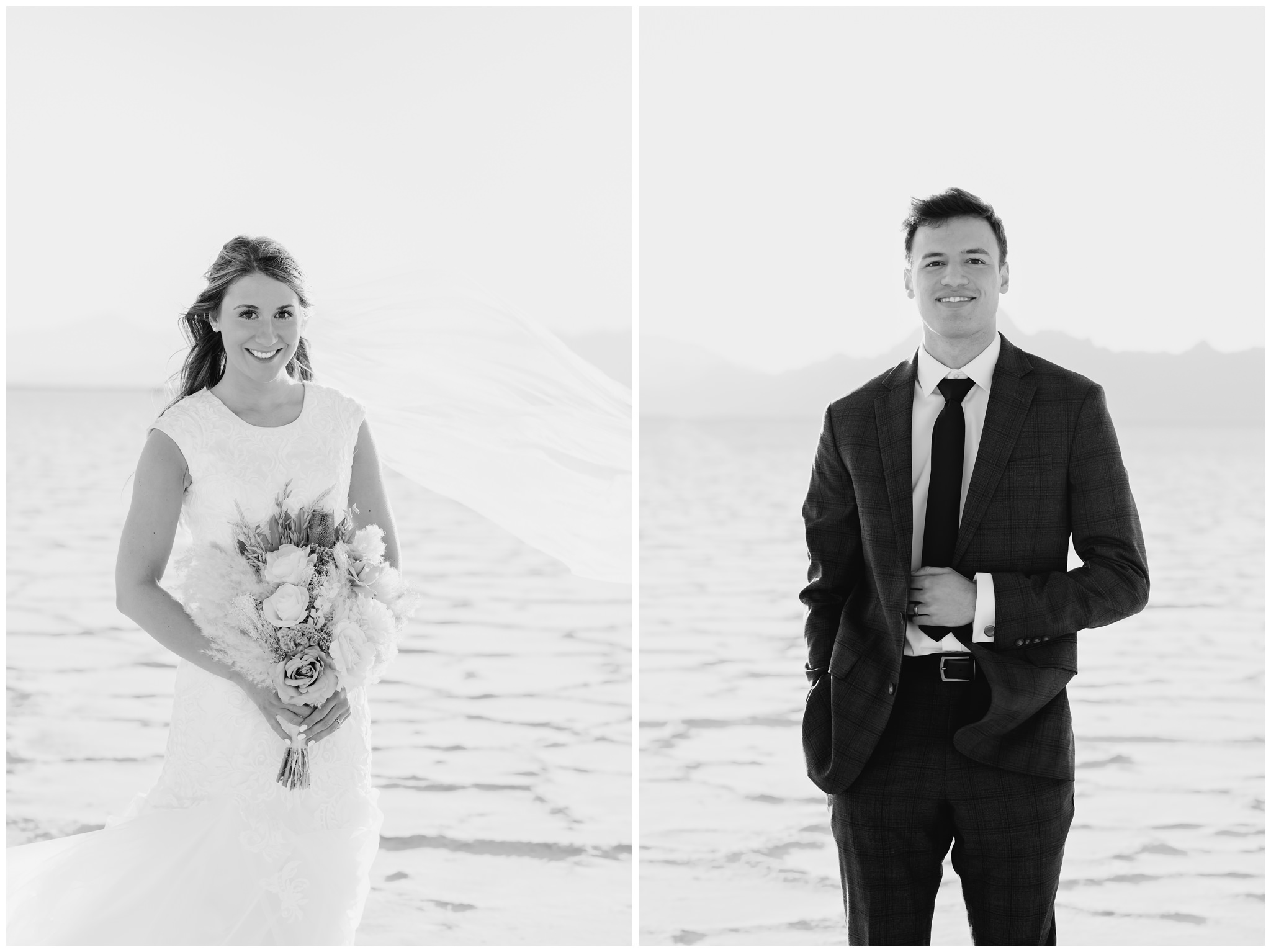 Portrait of bride and groom at the Salt Flats in Utah